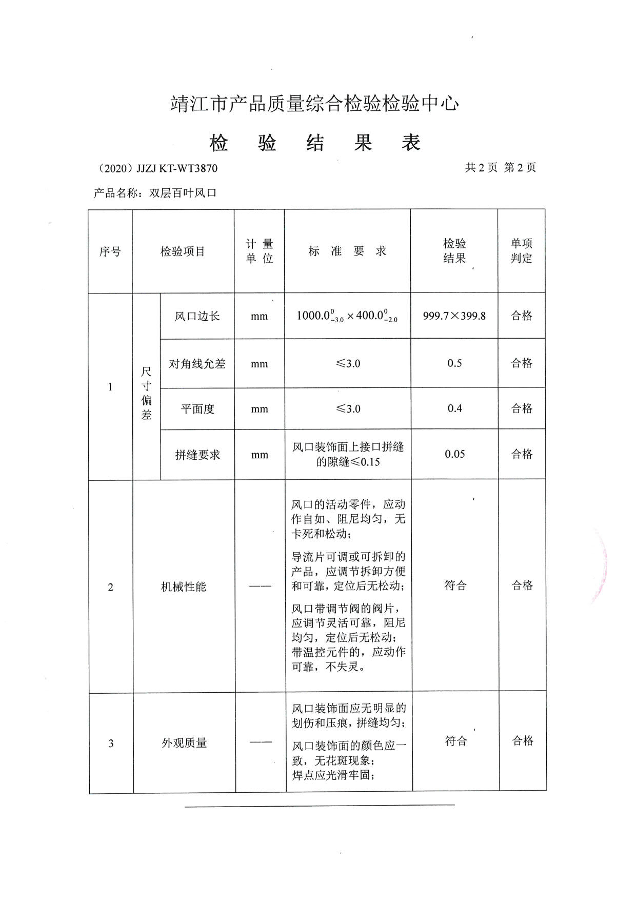 雙層百葉風口檢驗報告3